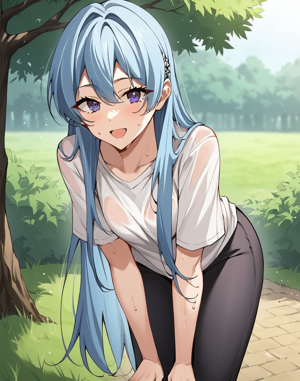 aiselle_molf, lavender eyes, light blue hair, long hair, blue hair,  manhwa, white shirt, black yoga pants, short sleeves, sweat, sweating BREAK  outdoors, park, forest, medieval BREAK looking at viewer, sexy face, sexy smile, open mouth, cowboy shot, hands on knees,  bent over BREAK score_9, score_8_up, score_7_up, source_anime ,zPDXL, perfect hand,  <lora:Aiselle_Molf:0.8>