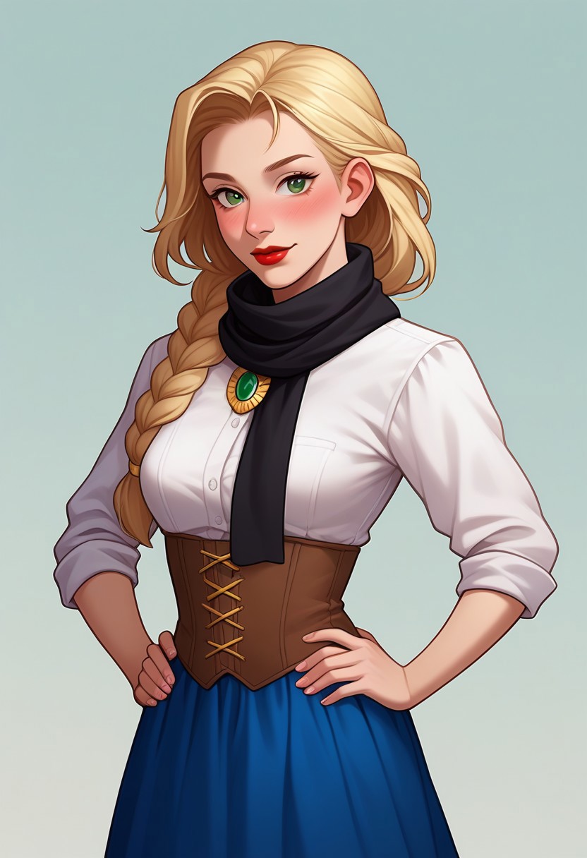 score_9, score_8_up, score_7_up, Casgas, BREAK, 1girl, woman, solo, young, dissatisfied, medium breasts, blonde, braid from behind, bright green eyes, red lips, blush, white blouse with sleeves rolled up to the elbow, black scarf secured with a gold brooch under the collar, blue corset with yellow ribbons, blue skirt, BREAK hands on hips, standing, cowboy shot, semi-sideways, half-sideways, BREAK simple background, gradient background