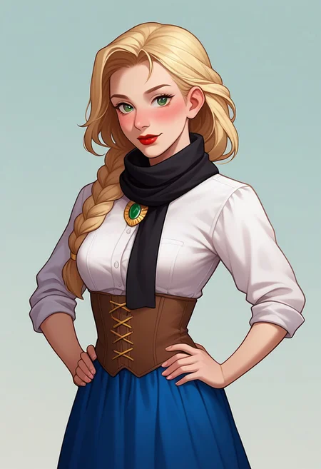 score_9, score_8_up, score_7_up, Casgas, BREAK, 1girl, woman, solo, young, dissatisfied, medium breasts, blonde, braid from behind, bright green eyes, red lips, blush, white blouse with sleeves rolled up to the elbow, black scarf secured with a gold brooch under the collar, blue corset with yellow ribbons, blue skirt, BREAK hands on hips, standing, cowboy shot, semi-sideways, half-sideways, BREAK simple background, gradient background