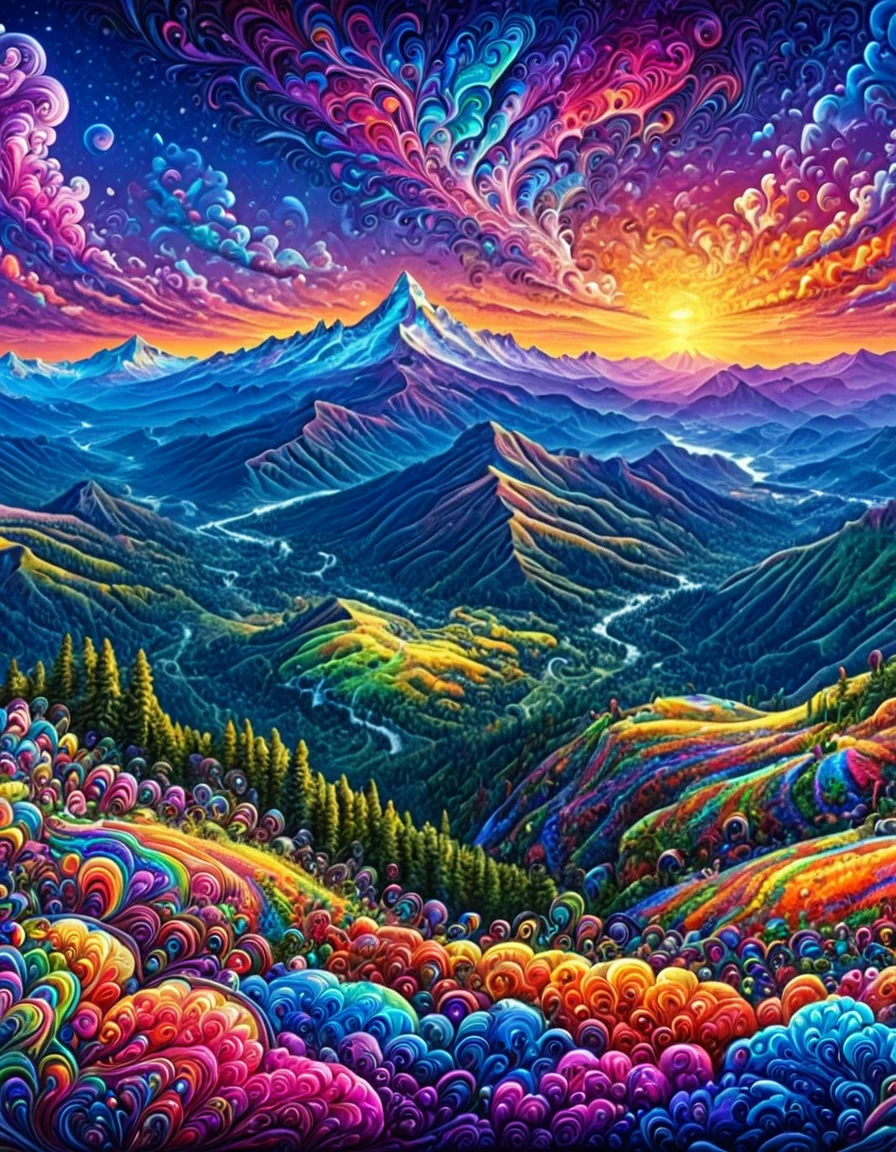 Masterpiece psychedelicv2lora, colorful, scenery, panorama, mountain overlook . Exquisite detail, flawless composition, high-resolution, stunning quality