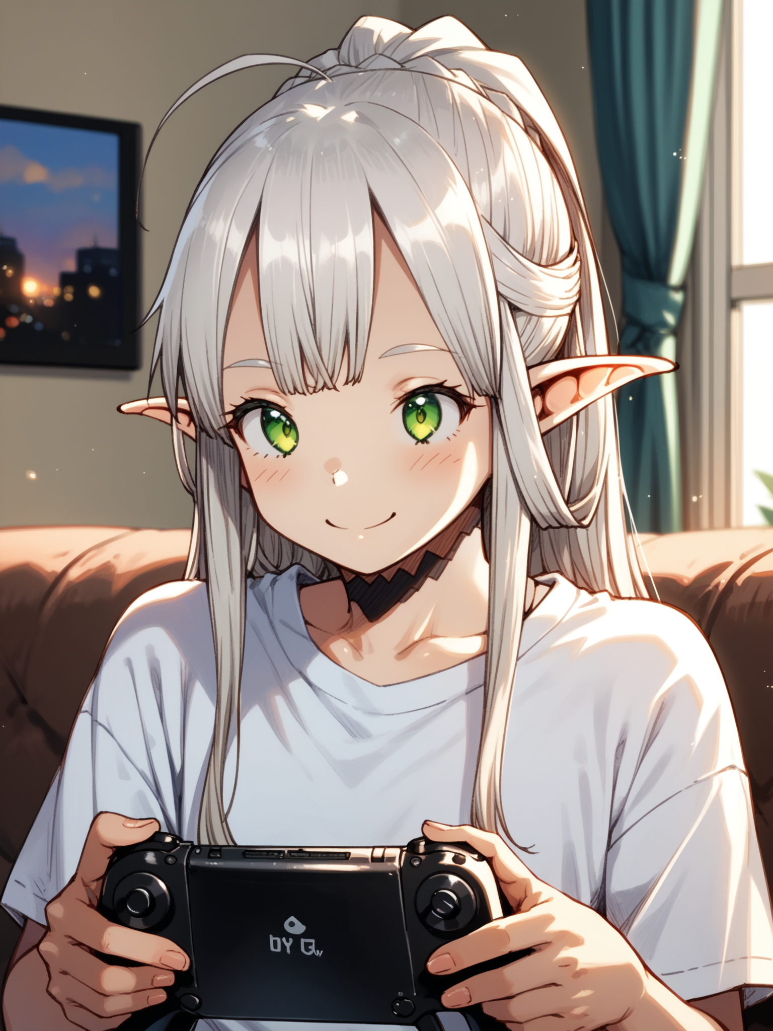 (upper body, solo focus:1.2) <lora:happy_tentacle-himono_elf-v0.1-000024:1>, ht_himono_elf, green eyes, silver hair, (petite:1.2), <lora:Shed_The_Skin's StS_age_slider_v1_initial_release:-1.4> ( :1.1) ( , , (doyagao :1.2) , smile , (looking at another:1.2) :1.2) , indoors, ((dusk :0.6), (blue sky:0.6) :0.8), ( window :0.9), (furniture:0.9), loaded interior , , , , ( :0.9), apartment, living room, couch, carpet, (playstation controller, holding controller:0.7), video game, looking at screen, shirt, shorts, ( :0.8) score_9, score_8_up, score_7_up, score_6_up, score_5_up, score_4_up, ( [(realistic, photorealistic:1.3):(realistic:1.2):16] [(3d:1.2)::14] :1) <lora:LUUNA's Lunas-NijiJourney-SDXL-B2:0.35>, nijijourney <lora:prgfrg23's Counterfeit-V3.0 Style SDXL_LoRA_Pony Diffusion V6 XL:0.5> <lora:mfcg's mfcgXL:0.12> <lora:reweik's gyokai(himehajime)_PonyXL_style_v01:0.14>