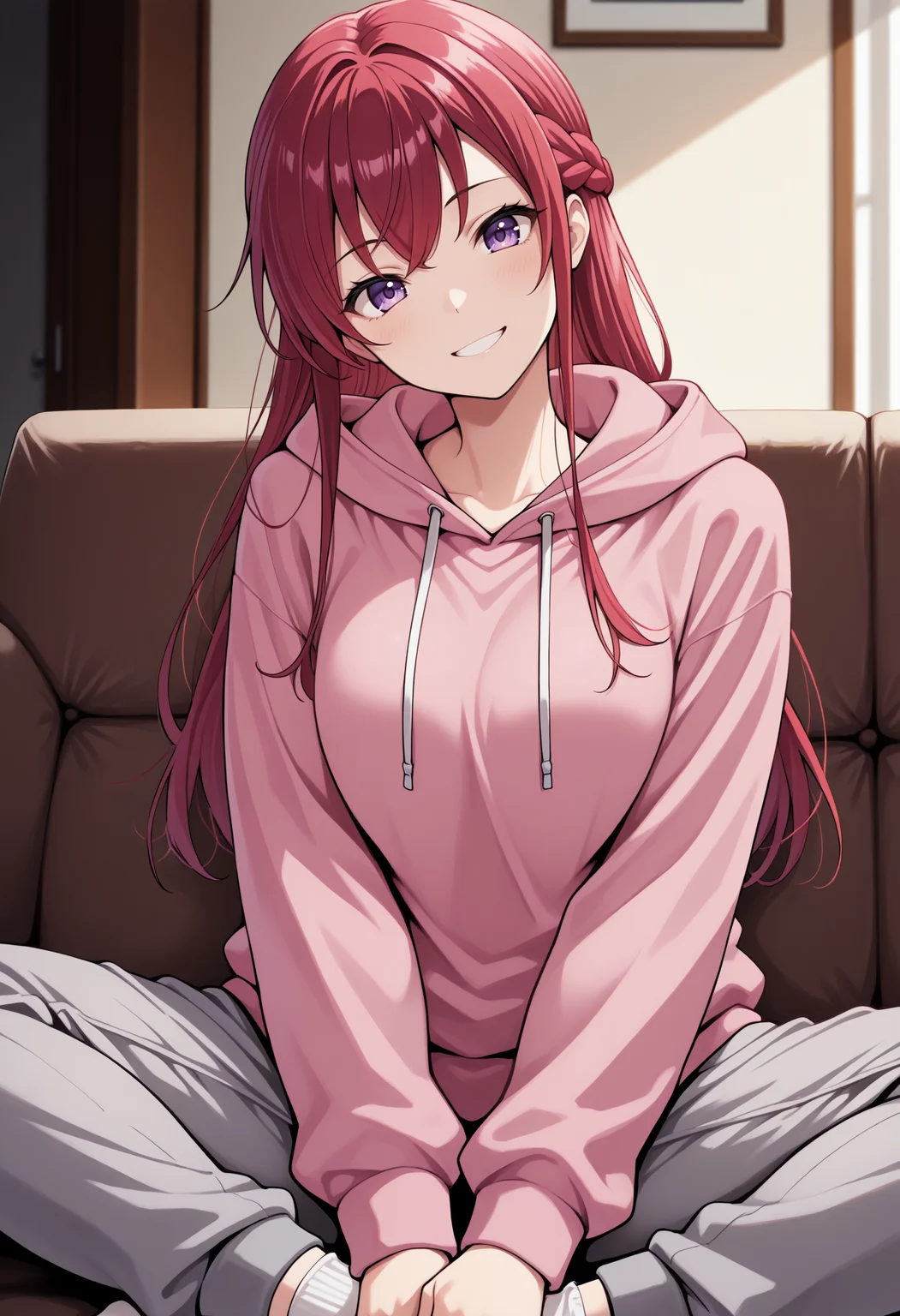 masterpiece, best quality, 1girl, solo, Makuzawa0uka, purple eyes, red hair, long hair, braid, indian style, sitting, on couch, indoors, living room, smile, head tilt, grin, looking at viewer, grey sweatpants, socks, pink hoodie, <lora:ChamMakuzawaOukaNoob:1>
