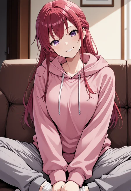 masterpiece, best quality, 1girl, solo, Makuzawa0uka, purple eyes, red hair, long hair, braid, indian style, sitting, on couch, indoors, living room, smile, head tilt, grin, looking at viewer, grey sweatpants, socks, pink hoodie, <lora:ChamMakuzawaOukaNoob:1>