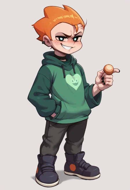safe_pos, score_9, score_8_up, score_7_up, score_6_up, score_5_up, score_4_up, BREAK, male, masculine,
1boy, solo, twunk, pico, freckles, orange hair, green sweater, baggy sleeves, Khakis, mob face, white eyes, grin, confident expression, black fingers nails, earr piercings, cheek scar, standing, graffiti background, simple background, full body, back turned, looking at viewer, boyfriend_fnf, by Krekkov,