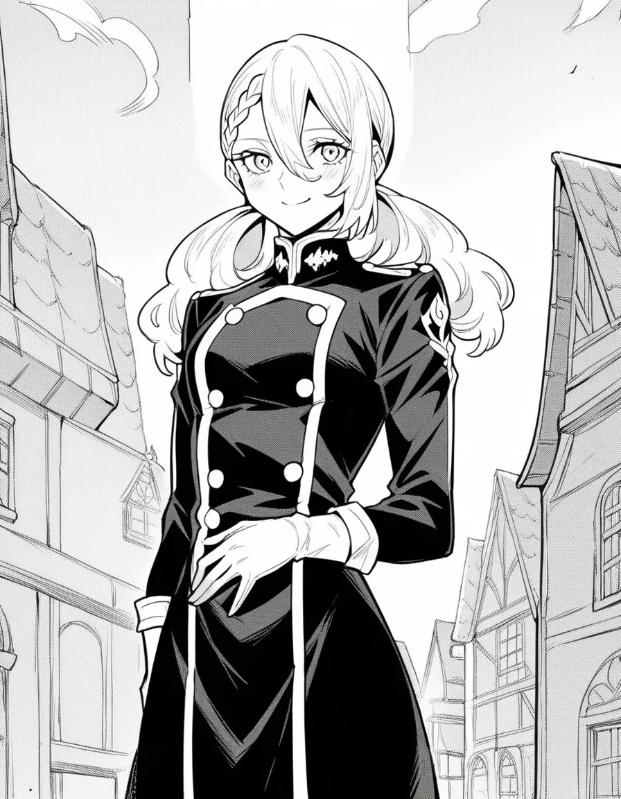 score_9, score_8_up, score_7_up, source_anime, <lora:varvara-pilipenko-manga-ponyxl-lora-nochekaiser:1>, varvara pilipenko, greyscale, monochrome, long hair, hair between eyes, braid, twintails,, gloves, uniform, military, military uniform, village, houses, community, rural, farms, smile, hand on stomach, blush,, looking at viewer, solo,, dutch angle, cowboy shot