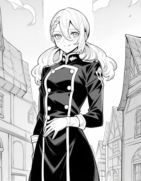 score_9, score_8_up, score_7_up, source_anime, <lora:varvara-pilipenko-manga-ponyxl-lora-nochekaiser:1>, varvara pilipenko, greyscale, monochrome, long hair, hair between eyes, braid, twintails,, gloves, uniform, military, military uniform, village, houses, community, rural, farms, smile, hand on stomach, blush,, looking at viewer, solo,, dutch angle, cowboy shot