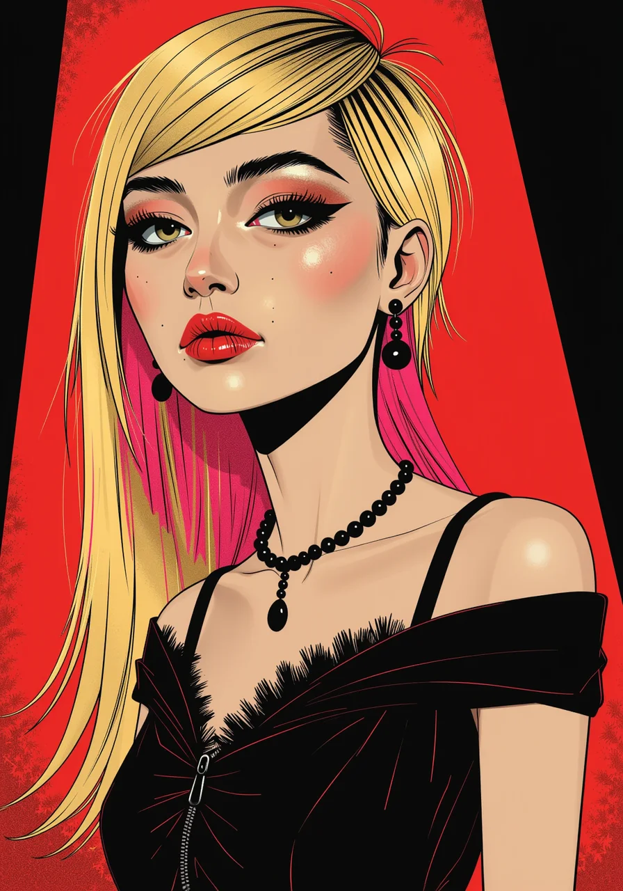 (pulp cartoon:0.7), Emo_JBX, Emo_JBX scene young woman, she long emo haircut with long sideswept bangs, blonde hair with pink highlights, wearing a fancy dress, black eyeliner, long eyelashes, thin, pretty, pulp cartoon<lora:Emo_JBX_flux.safetensors:1.0:1.0> <lora:The_Pulp_SessionFlux.safetensors:0.7:0.7>
