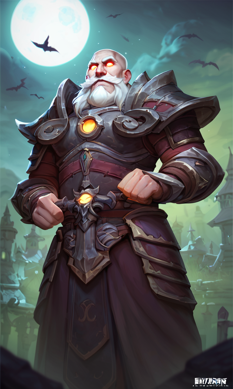 score_9, score_8_up, score_7_up, BREAK, soure_safe, solo, 1boy, white hair, male focus, armor, night, glowing, facial hair, moon, shoulder armor, glowing eyes, beard, full moon, mustache, bald, old man, hearthstonestyle, trending on artstation <lora:HearthStoneStyle_v1:0.8>