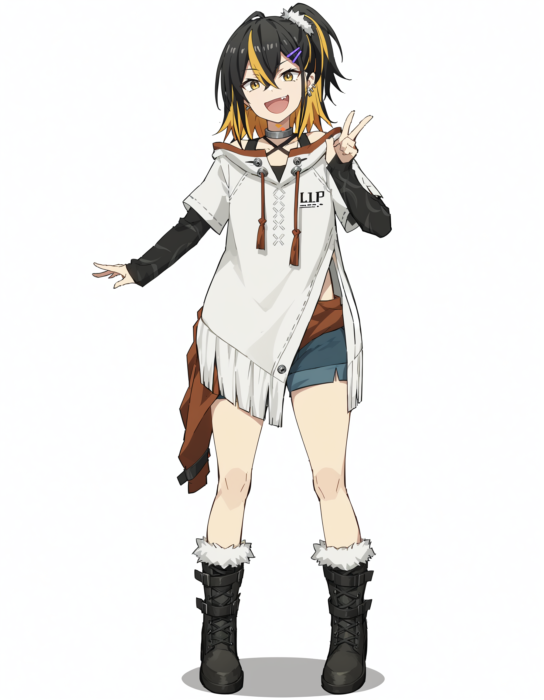 score_9,score_8_up,score_7_up,
<lora:naina_pony:0.8>,naina,1girl,solo,boots,multicolored hair,black hair,blonde hair,full body,white background,black footwear,smile,open mouth,simple background,hair ornament,hairclip,looking at viewer,yellow eyes,shorts,two-tone hair,standing,hair between eyes,bangs,ear piercing,streaked hair,ponytail,long sleeves,piercing,fang,:d,anime screencap,<lora:Anime_Screencap:1>,
