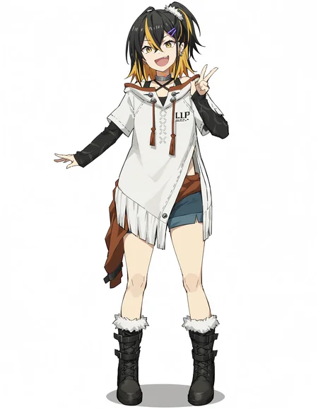 score_9,score_8_up,score_7_up,
<lora:naina_pony:0.8>,naina,1girl,solo,boots,multicolored hair,black hair,blonde hair,full body,white background,black footwear,smile,open mouth,simple background,hair ornament,hairclip,looking at viewer,yellow eyes,shorts,two-tone hair,standing,hair between eyes,bangs,ear piercing,streaked hair,ponytail,long sleeves,piercing,fang,:d,anime screencap,<lora:Anime_Screencap:1>,