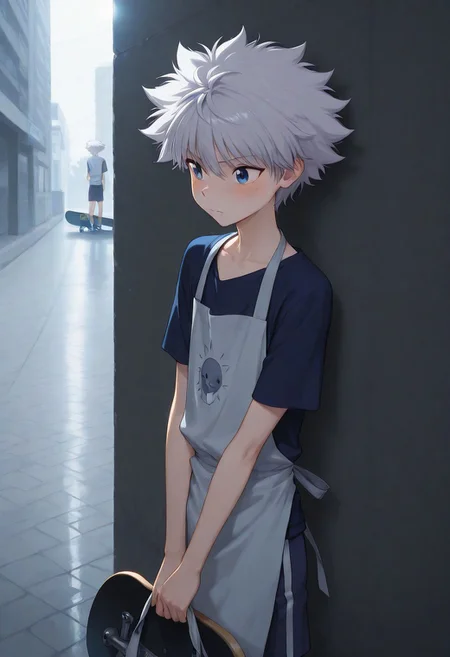 core_9, score_8_up, score_7_up, source_anime, highres, masterpiece, best quality,cinematic lighting:0.5,
,1boy,solo,male focus, killua_zoldyck, white hair, blue eyes, short hair, spiked hair, bangs, messy hair, slim body,embarrassed,light blush,handsome, focus upper body,look at view,
hand ,take a bag,sitting on skateboard,slim chest,shoulder,leg,
,short apron,shorts,socks,
outdoor,store street,corner,blind spot ,stain floor,camera, , video game, ,bag,skateboard,
BREAKvolumetric light, volumetric lighting, reflective light, rim light, day light,contrast,
