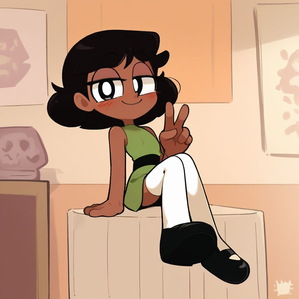 score_9, score_8_up, score_7_up, score_6_up, score_5_up, score_4_up, BREAK, source_anime, connie_maheswaran, indoors, bunt bangs black hair, small breasts, black footwear, white thighhighs, smile, smug, blush, green top, sleeveless, green miniskirt, peace sign, pantsless, powerpuff, dark-skinned female, 1girl,
