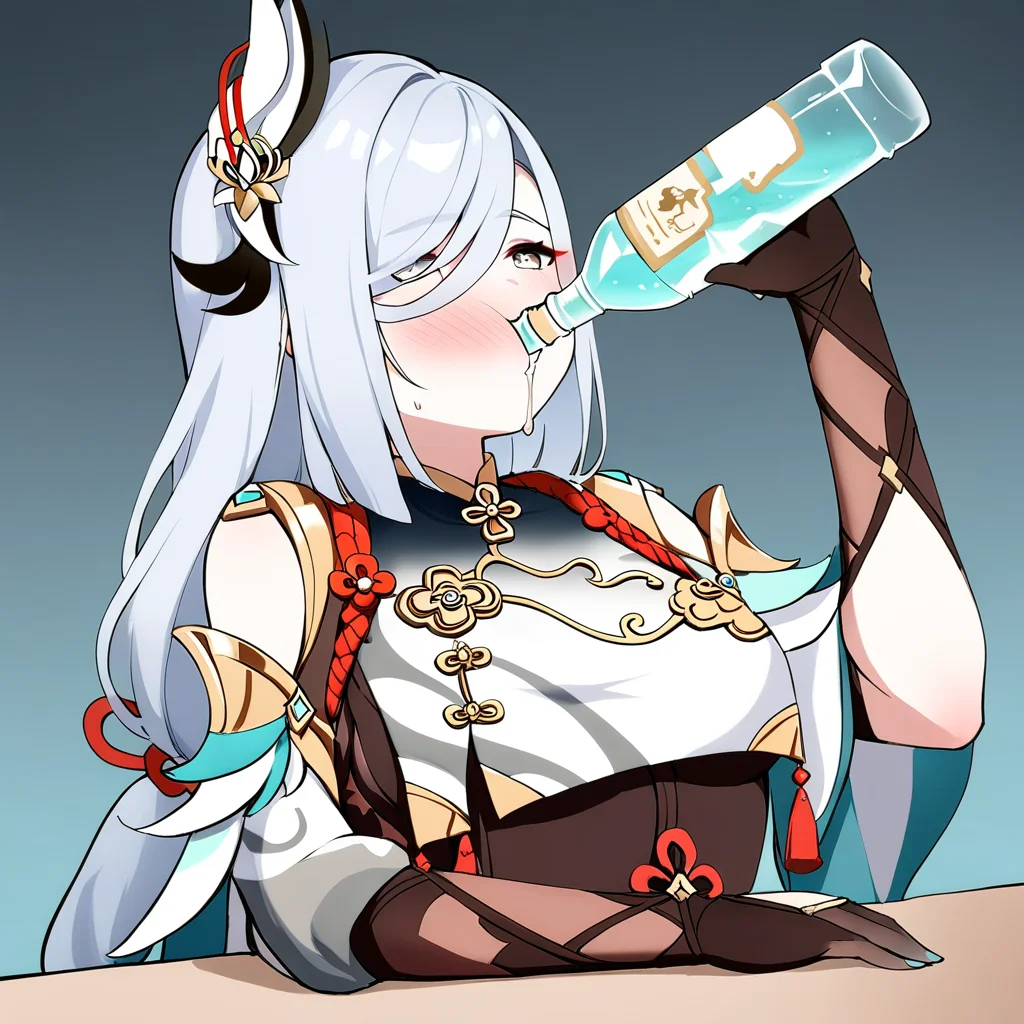 <lora:xl_katyusha_chug(kohaku_delta)-000014:1>,drinking,solo,bottle,blush,shenhe \(genshin impact\),, masterpiece, best quality,