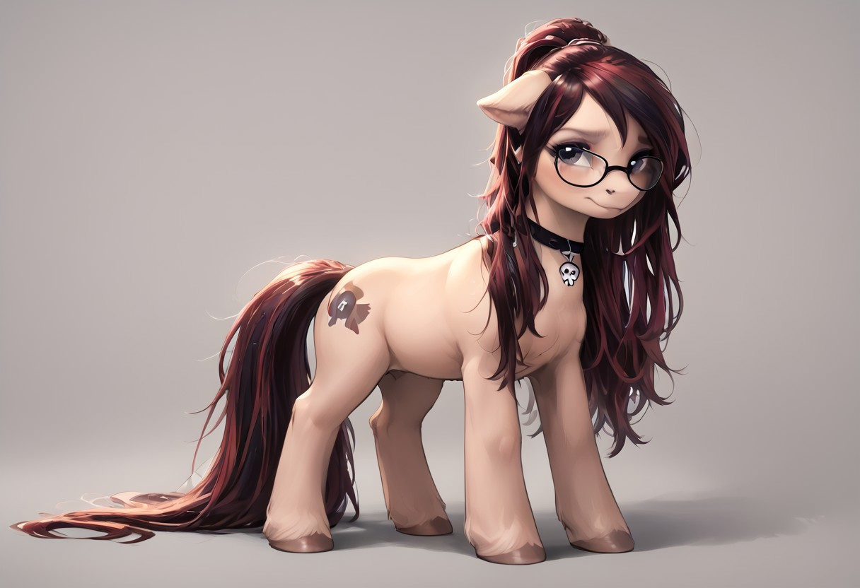SFW, rating_all, score_10, score_8_up, score_7_up, beautiful, realistic, detailed, perfect, quality, vector, flat colors, masterpiece, Pito, ((Pito as a My Little Pony character)), 1female, ((Pony)), colored fur, light toned fur, colored mane, light toned mane, ((long mane)), grey eyes, baggy eyes, glasses, nervous, ponytail mane over shoulder, looking at viewer, ((skullchoker)), full body
