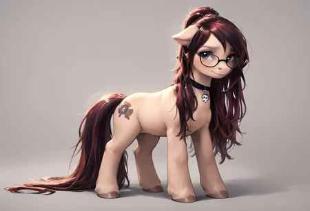 SFW, rating_all, score_10, score_8_up, score_7_up, beautiful, realistic, detailed, perfect, quality, vector, flat colors, masterpiece, Pito, ((Pito as a My Little Pony character)), 1female, ((Pony)), colored fur, light toned fur, colored mane, light toned mane, ((long mane)), grey eyes, baggy eyes, glasses, nervous, ponytail mane over shoulder, looking at viewer, ((skullchoker)), full body