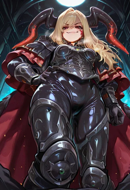 masterpiece, best quality, amazing quality, gloss_(hotglossed), Lhata4564_illu,
Dark room, low light, from below, smug, stepping on viewer, perspective,Stepping_onV1, drca, horns, black bodysuit, black breastplate, pauldrons, two tone cape, long fur cape, two tone cape, arm guards, black gloves, short red shoulder capelet, armored boots, single hand on hip,