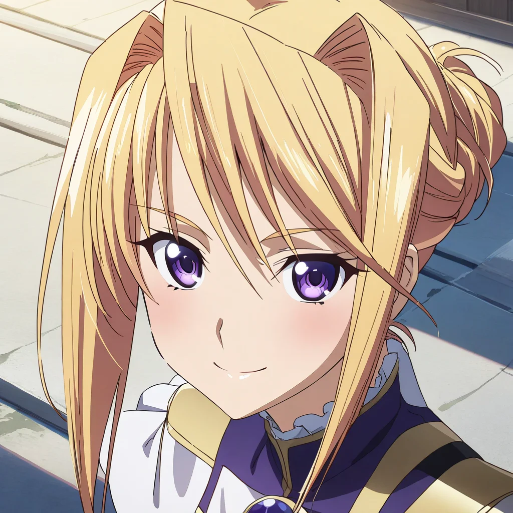 1girl, solo. sylvia_van_hossen, large breasts, blonde hair, purple eyes, hair bun, close up, portrait, smile, anime coloring <lora:XL-SylviavanHossen:1>, (masterpiece),(best quality),(ultra-detailed),(best illustration),(best shadow),(absurdres),(detailed background),(very aesthetic),