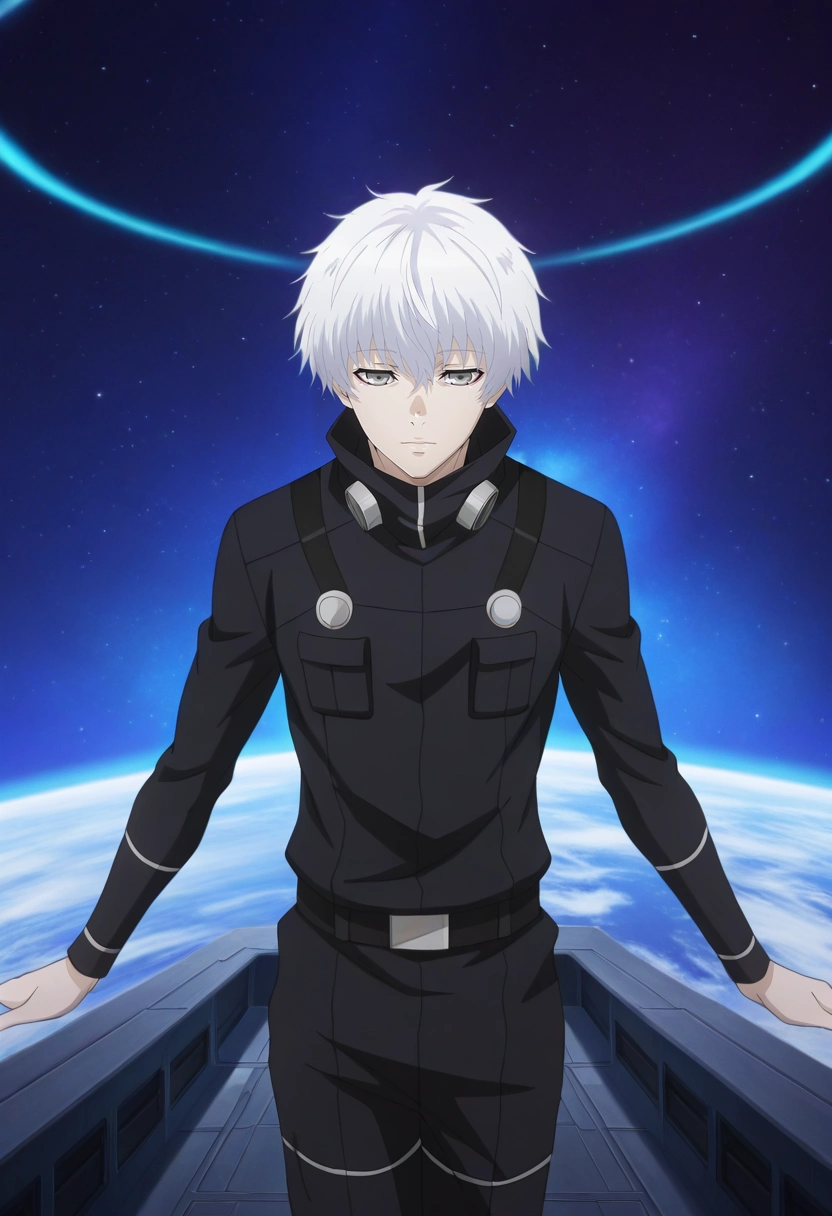 masterpiece, best quality, , anime screencap, anime coloring, official style, , 1boy, solo, male focus, <lora:ken_kaneki_ilxl:1>, ken_kaneki, white hair, grey eyes, short hair, bangs, hair between eyes, tokyo ghoul:re, , , , space station, earth view, star field, observation deck, floating pose, peaceful expression, space lighting,