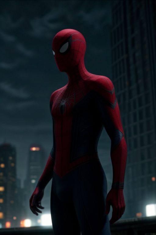 Spider-Man in a red and blue suit on the background of a night city. He stands surrounded by cobwebs and looks directly at the viewer