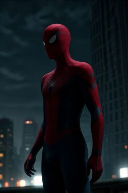 Spider-Man in a red and blue suit on the background of a night city. He stands surrounded by cobwebs and looks directly at the viewer