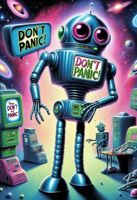 DonMD0n7P4n1cXL,  text "DON'T PANIC!",  president of the galaxy, a depressive robot, a secretary, two hitchhiker, <lora:DonMD0n7P4n1cXL:1>