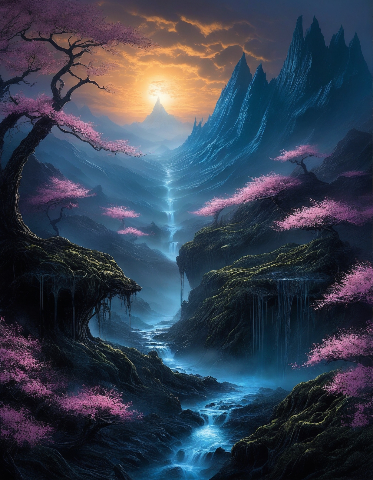 Dark Fantasy Art of Dark Moody Atmosphere, H.R. Giger: (biomechanical horror), (alien landscapes), (Analogous color guide), (surreal organic forms),
Greg Rutkowski: (magical lighting), (smooth color transitions), (dynamic character details), (epic fantasy scenes) :cite[2],
exoplanet embassy overgrown with xenobotany,
Scottish highlands with heather-covered hills,
Gentle drizzle refracting sunlight,
Noctilucent electric-blue veils,
Sunrise painting peaks in gold,
Spring cherry blossom bloom,
<lora:add-detail-xl:0.7>,
<lora:DetailMaximizer:0.3>,
<lora:brho:0.2> brho,
<lora:Deep_depth_of_field:0.3>,
<lora:extremely_detailed:1> extremely detailed,
 <lora:MJ52_v2.0:0.25>, dramatic, mysterious, dark moody atmosphere, dark, moody, dark fantasy style