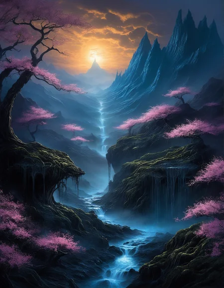 Dark Fantasy Art of Dark Moody Atmosphere, H.R. Giger: (biomechanical horror), (alien landscapes), (Analogous color guide), (surreal organic forms),
Greg Rutkowski: (magical lighting), (smooth color transitions), (dynamic character details), (epic fantasy scenes) :cite[2],
exoplanet embassy overgrown with xenobotany,
Scottish highlands with heather-covered hills,
Gentle drizzle refracting sunlight,
Noctilucent electric-blue veils,
Sunrise painting peaks in gold,
Spring cherry blossom bloom,
<lora:add-detail-xl:0.7>,
<lora:DetailMaximizer:0.3>,
<lora:brho:0.2> brho,
<lora:Deep_depth_of_field:0.3>,
<lora:extremely_detailed:1> extremely detailed,
 <lora:MJ52_v2.0:0.25>, dramatic, mysterious, dark moody atmosphere, dark, moody, dark fantasy style