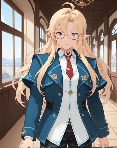 masterpiece,best quality,amazing quality, newest, very aesthetic, absurdres,
1boy, solo, yaoi, male focus, looking at viewer, cowboy shot,
<lora:Grandiel_Default_ilxl:1> grandieldefault, pointy ears, blonde hair, long hair, glasses,blue eyes, ahoge, elf, semi-rimless eyewear, hair between eyes, parted bangs,
school uniform, white shirt, collared shirt, blue jacket, red necktie, black pants, plaid pants,
indoors, school, hallway, window, day, sun,