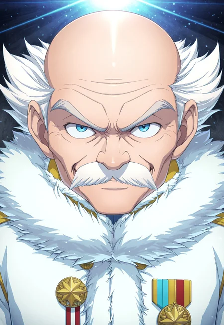 solo, masterpiece, detailed, ultra hd, best quality, 1boy, male, official art, w0lfc0nf, modern, new
FTMakarov, white hair, balding, mustache, old man, fur trim, coat, medal, portrait, headshot, looking at viewer, smiling