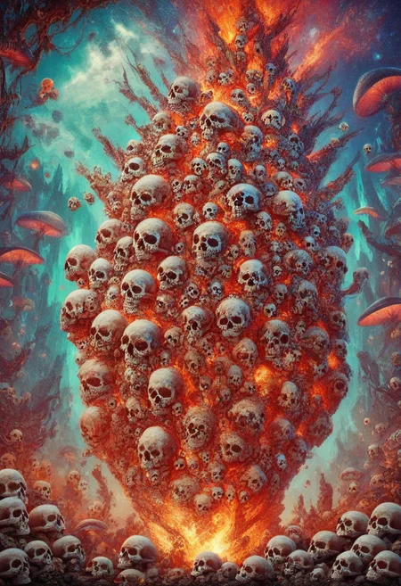 score_9, score_8_up, score_7_up, score_6_up, score_5_up, score_4_up, A playful, nuclear explosion made with skulls