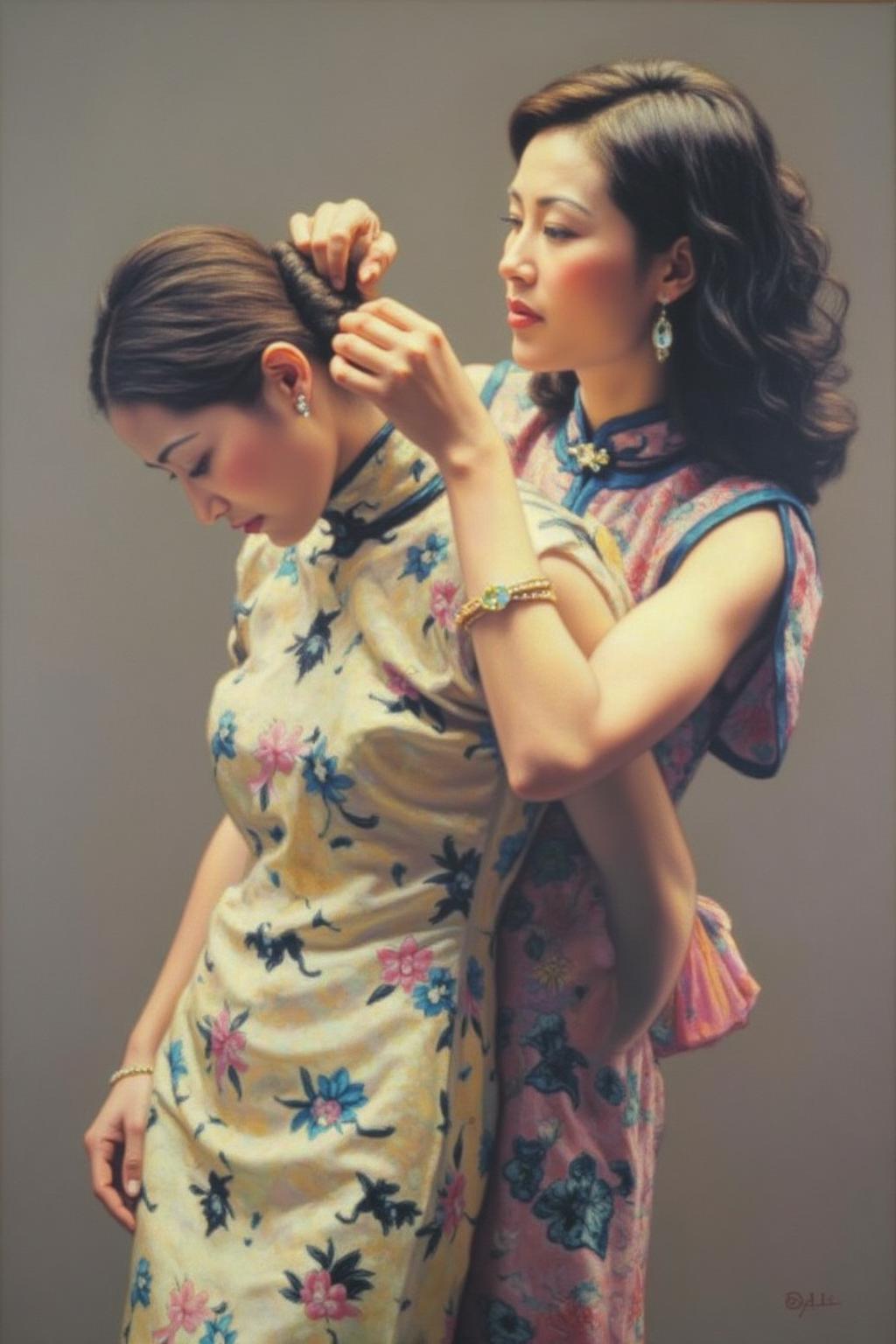 chenyifei1 painting.
Two women in traditional cheongsam are depicted. The woman on the left is standing and slightly leaning forward with her head bowed. Her hair is in a neat bun, and she is wearing a cream-colored cheongsam with a floral pattern in pink, blue, and black. Behind her, another woman is pinning a flower to the first woman's hair.
 <lora:chenyifei1_cap_d6a3:1.0><lora:839114151814126119:0>