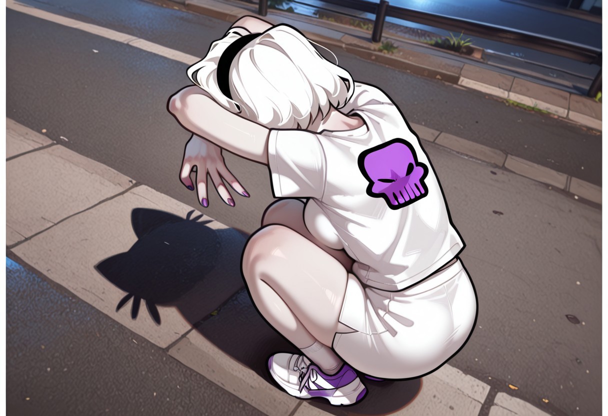 score_9, score_8_up, score_7_up, rating_suggestive, stunning, best quality, high quality, absurd res, ((pov)), ((view from above)), ((view from side)), ((full body)), source: homestuck, BREAK, 1girl, solo, rosestart, ((white hair)), ((pale skin)), ((hairband)) white shirt, t-shirt, purple skull print, white skirt, miniskirt, white socks, white sneakers, ((purple nails)), ((facing away)), ((shadoow)), ((c4tShadow)), squatting, ((elbows up)), ((elbows above head)) ((arms above head)), from behind, middle w, crossed arms, BREAK, background, outside, pavement