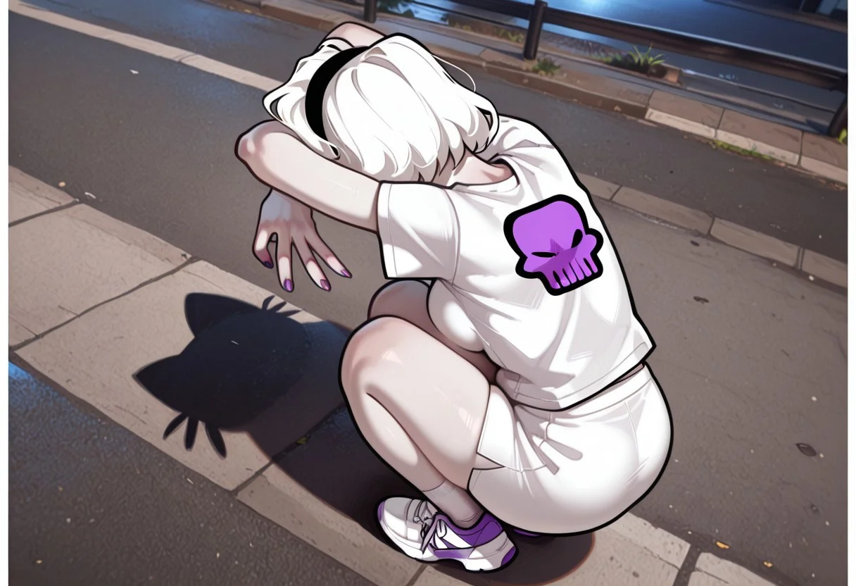 score_9, score_8_up, score_7_up, rating_suggestive, stunning, best quality, high quality, absurd res, ((pov)), ((view from above)), ((view from side)), ((full body)), source: homestuck, BREAK, 1girl, solo, rosestart, ((white hair)), ((pale skin)), ((hairband)) white shirt, t-shirt, purple skull print, white skirt, miniskirt, white socks, white sneakers, ((purple nails)), ((facing away)), ((shadoow)), ((c4tShadow)), squatting, ((elbows up)), ((elbows above head)) ((arms above head)), from behind, middle w, crossed arms, BREAK, background, outside, pavement