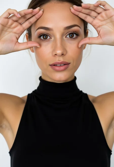 "A minimalist studio close-up of a woman wearing a sleek black turtleneck, her face framed by her hands. The soft, even lighting highlights her radiant skin and the subtle blush on her cheeks. The clean white backdrop creates a modern, timeless feel."
, aidmarealisticskin, aidmaHyperrealism