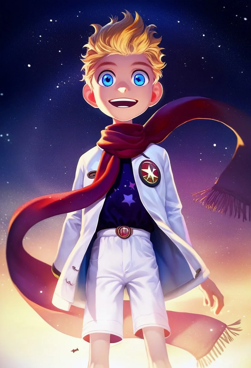 JDStyle,
, score_9, score_8_up, score_7_up, 1boy, masterpiece, best quality, amazing quality, best aesthetic, absurdres, intricate details, detailed face, source_anime, voyager_sa, blonde hair, blue eyes, white coat, white shorts, male focus, smile, star (sky), formal, sky, starry sky, star (symbol), short hair, looking at viewer, baggy clothes, long sleeves, scarf, floating, bangs, starry background, glowing, open mouth