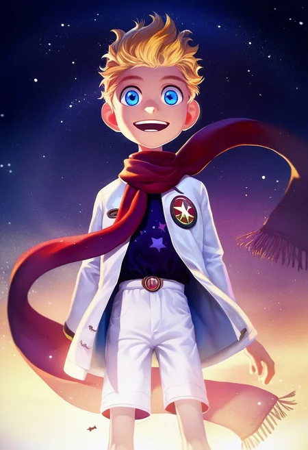 JDStyle,
, score_9, score_8_up, score_7_up, 1boy, masterpiece, best quality, amazing quality, best aesthetic, absurdres, intricate details, detailed face, source_anime, voyager_sa, blonde hair, blue eyes, white coat, white shorts, male focus, smile, star (sky), formal, sky, starry sky, star (symbol), short hair, looking at viewer, baggy clothes, long sleeves, scarf, floating, bangs, starry background, glowing, open mouth