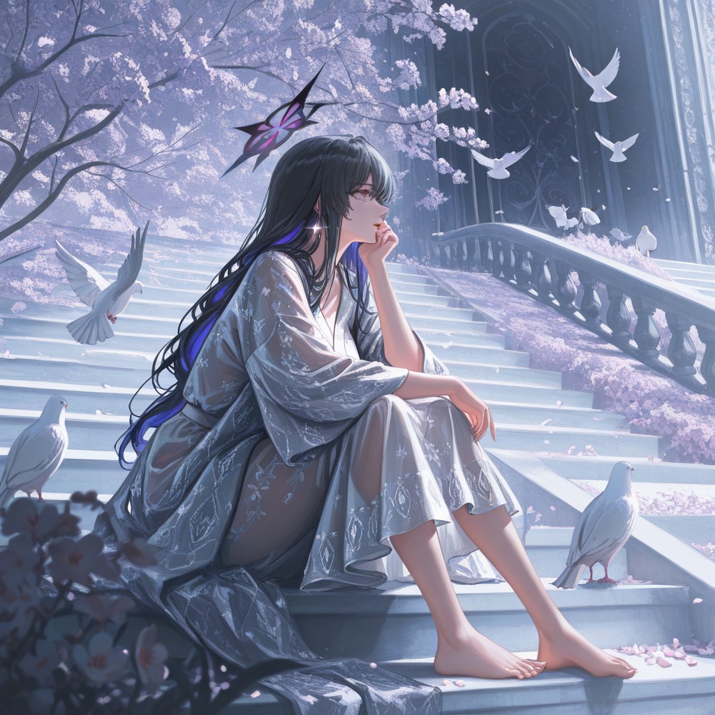 nj (aura), nixeu, shinkai makoto,  artist:banishment,,mature female, pattern robe, barefoot, sitting on stairs, looking afar, solo, flowers, dove, scenery, mysterious, blossoms,prismatic, glint, (ambient occlusion:1.2), translucent, masterpiece, best quality, good quality, newest, very awa,, very aesthetic, Yakan2g0u_illu, MCHI-Illu