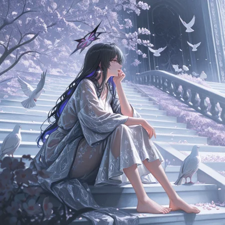 nj (aura), nixeu, shinkai makoto,  artist:banishment,,mature female, pattern robe, barefoot, sitting on stairs, looking afar, solo, flowers, dove, scenery, mysterious, blossoms,prismatic, glint, (ambient occlusion:1.2), translucent, masterpiece, best quality, good quality, newest, very awa,, very aesthetic, Yakan2g0u_illu, MCHI-Illu