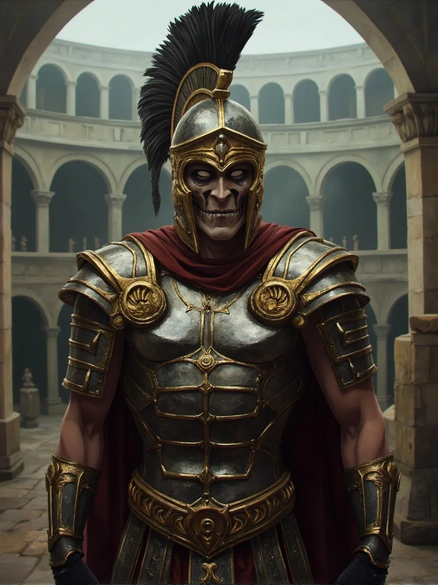 <lora:ck-LttleGhost-000011.safetensors:1> in the style of ck-lttlegh0stA Roman gladiator in meticulously crafted battle armor, featuring gold-accents and elaborate designs, stands menacingly in an ancient misty arena. The helmet's crested plume and ornate detailing amplify the intimidating presence of his skeletal face. A backdrop of archways and stone columns conveys a sense of historical grandeur amidst ominous tension.