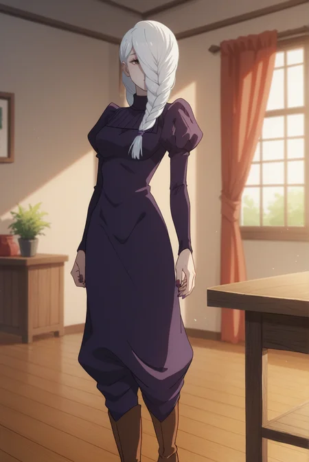 score_9, score_8_up, score_7_up, score_6_up, score_5_up, score_4_up, BREAK source_anime, 1girl, solo,
<lora:MeimeiXL-v1-06:0.8>, ChopioMeiMei, white hair, looking at viewer,
medium breasts, purple nails,
long hair, braided ponytail, front ponytail, hair tie, hair over face,
outfit_1, purple dress, turtleneck dress, juliet sleeves, high heel boots, brown footwear,
bedroom, standing, wooden table, sexy pose,