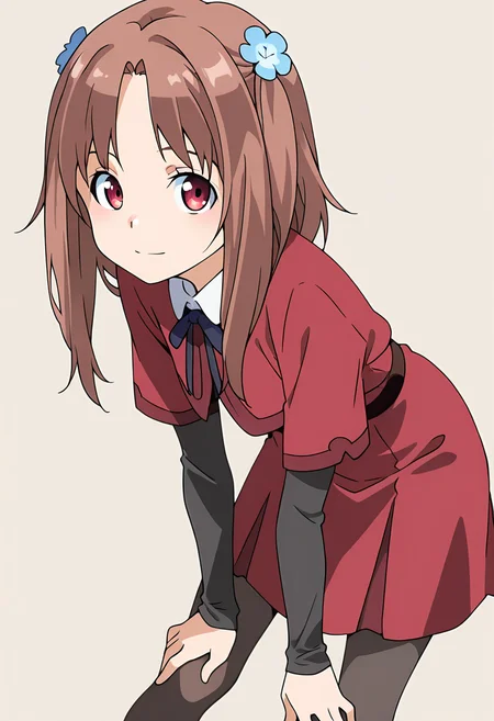 masterpiece,best quality,amazing quality, 1girl, c-hozuki, medium hair, brown hair, red eyes, hair flower, red dress, white collared shirt, brown belt, blue neck ribbon, layered sleeves, short over long sleeves, black pantyhose, leaning forward, looking at viewer, simple background, beige background, light smile, <lora:Hozuki_Ferrari_ILLUS_c:1>