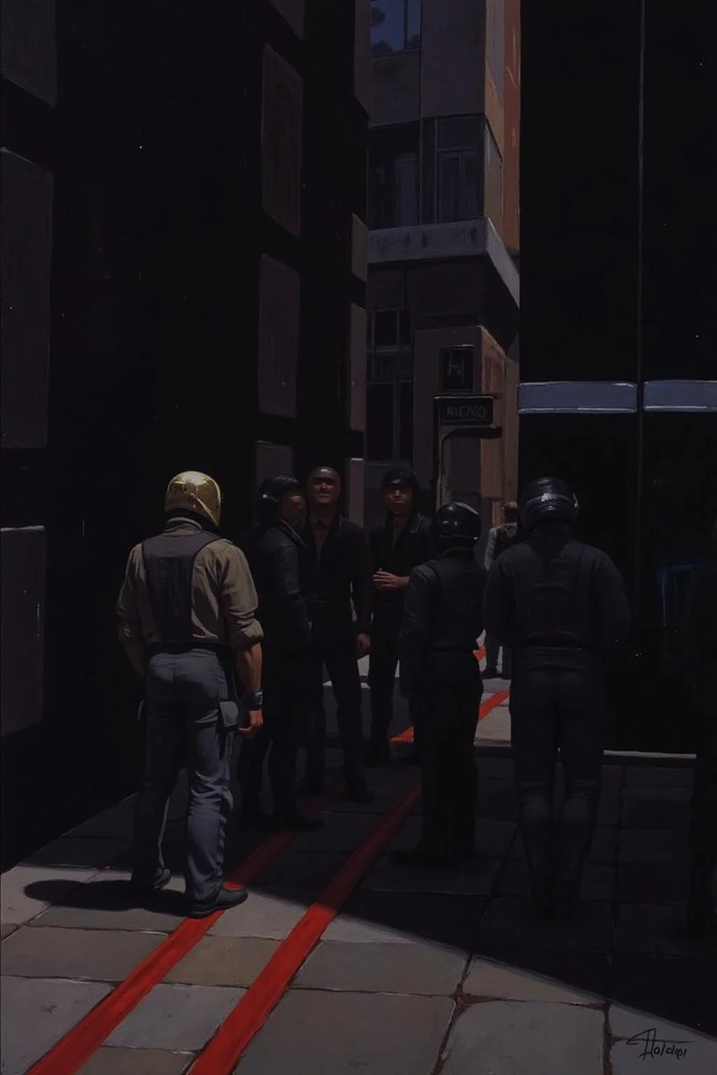 sydme1 painting
A group of people in a dark alleyway, their shadows cast on the ground below their faces. The people are dressed in dark clothing, their faces covered by a helmet, and their faces are not visible. To the right of the people, there is a black wall with a white stripe running down the center of it. In front of the wall, there are two red lines, adding a pop of color to the scene. The background of the scene is dark, creating a stark contrast with the red lines. <lora:sydme6_cap_d6a3:1.0><lora:811008757707363869:0>