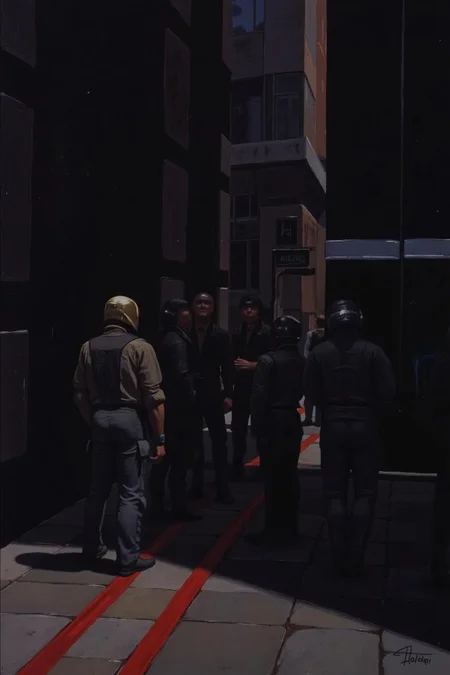 sydme1 painting
A group of people in a dark alleyway, their shadows cast on the ground below their faces. The people are dressed in dark clothing, their faces covered by a helmet, and their faces are not visible. To the right of the people, there is a black wall with a white stripe running down the center of it. In front of the wall, there are two red lines, adding a pop of color to the scene. The background of the scene is dark, creating a stark contrast with the red lines. <lora:sydme6_cap_d6a3:1.0><lora:811008757707363869:0>