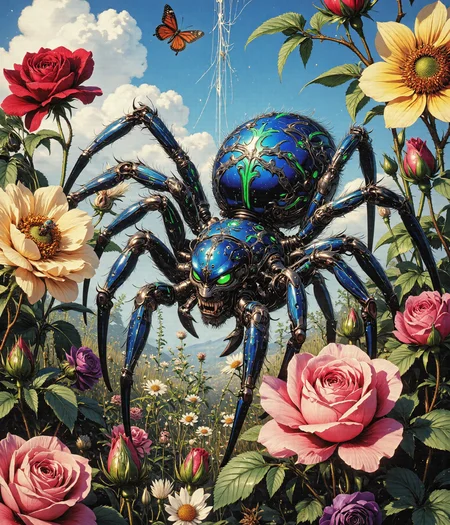 A breathtaking and hauntingly beautiful **cybernetic spider**, its **bright, matte cobalt blue body richly saturated and velvety in texture**, moves gracefully through a dense bed of blooming flowers, dominated by **blood-red roses, golden sunflowers, and sprawling emerald-green foliage.** Unlike a synthetic machine, the spider’s **surface is completely matte, absorbing sunlight rather than reflecting it**, making its **color appear even deeper and more vibrant in the daylight.**
Intricate **neon green markings** cover its legs and abdomen in bold, natural streaks—**sharp, vivid, and eye-catching, yet without any artificial glow.** The markings resemble **evolved camouflage or organic patterns**, adding an almost mystical quality to the creature, as though it belongs to an undiscovered species thriving in this floral paradise.
The **spider’s eight deep-green eyes**, non-reflective but rich with color, move carefully as it observes the world around it. Each movement of its **long, gracefully curved legs** is precise and effortless, pressing gently against the delicate petals beneath it. Its presence is both **striking and strangely serene**, blending seamlessly with its vibrant surroundings.
The **background is bathed in brilliant daylight, with a clear blue sky stretching infinitely overhead.** Soft, **fluffy white clouds drift lazily across the horizon**, casting occasional dappled shadows over the landscape. The golden sunlight pours down, illuminating the **lush green leaves and the velvety petals of the surrounding flowers, enhancing their deep, natural hues.** The warm, fresh air is thick with the **scent of blooming roses and wildflowers, carried by a soft, occasional breeze.**
The flowers around the spider are **wild and abundant**, their petals unfolding in rich, vibrant shades of **scarlet, yellow, and violet.** **Bees and butterflies flit between the blossoms, their wings catching the sunlight in dazzling patterns.** Some flowers seem **larger than life**, as if nourished by something more potent than nature alone, their petals spreading open like delicate silk against the wind.
Suspended between the thorned stems are **intricately woven spiderwebs, glistening faintly in the sunlight.** Unlike artificial or synthetic strands, these webs are **completely organic, thick but symmetrical, spun with masterful precision.** The spider moves methodically, **adjusting the strands with careful efficiency, as if it is not just weaving a trap but crafting an intricate, hidden masterpiece.**
The **sun shines warmly**, casting soft, **golden highlights across the spider’s cobalt blue body, making its neon green markings stand out even more vividly.** The **light filters through the petals, creating a glowing tapestry of natural color**, painting the world in a **brilliant blend of warmth and beauty.** The contrast between the **intense matte blue of the spider and the sun-drenched landscape** is both **stunning and surreal, a rare and extraordinary sight beneath the endless sky.**
Rendered in **hyperrealistic digital art**, every **texture, surface, and color is captured in breathtaking detail**, emphasizing the contrast between the **spider’s bold, otherworldly coloration and the lush vibrance of its natural surroundings.** The absence of artificial lighting or exaggerated effects ensures the scene feels **realistic yet mesmerizing, as though this creature truly exists in a world where the extraordinary blends seamlessly with the ordinary.**
A perfect fusion of **natural wonder and surreal beauty**, where **a creature both vibrant and haunting moves silently through a world of vivid sunlight and endless bloom**, beneath the warm embrace of the **daylit sky.**
Art in the style of Yomu_Yakadashi, black widow, G0thicL1nes, bontanica, modernretroanime, cybernetic-spider, dreamscape7X, Jedcyb3r, Jedspl4tt,