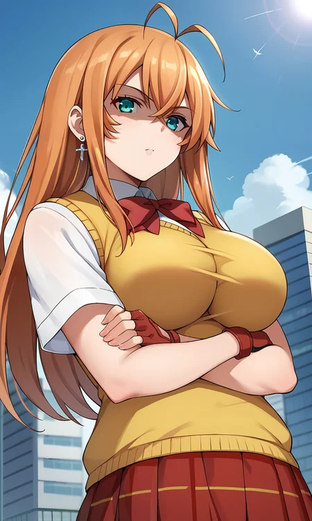 score_9, score_8_up, score_7_up, source_anime, <lora:sd_xl_dpo_lora_v1:0.8>, <lora:hakufu-Ponyv2:1> hakufusdxl, long hair, antenna hair, ahoge, orange hair, aqua eyes,large breasts,  neck ribbon, red ribbon,  magatama earrings, school uniform, red skirt, pleated skirt, plaid skirt large breasts, sweater vest, yellow vest, white shirt, collared shirt, short sleeves, red gloves, fingerless gloves, cross arms, shaded face, serious, tokyo \(city\), from below,
