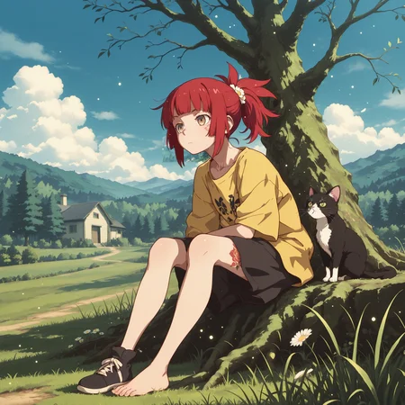 masterpiece,best quality,amazing quality, illustration, lineart, sharp lines, bold lines, 
 soft shadows, pitch black, front light, light particles, Volumetric Lighting, light depth, , bioluminescent, neon colors, color art, wind, fluttering clothes, iridescent colors, chirouso dark light, shadows, 
1girl, flowers in hair, medium hair, short_ponytail, arched_bangs,  Crimson hair,      floral tattoo, teen,        (light black skin, colored skin:1.2),   
house cat,
sitting, 
dark yellow clothes,    hair ornament,  mismatched footwear, barefoot,   multicolored clothes, colored clothing edges,  
   metallic  skirt,
oversized shirt, 
grass, flowers, daisy field, grass, expansive sky, clouds, forest, grass, trees, dense trees, thick trunks, sprawling branches, roots, ferns, moss, floating leafs, tall trees, distant hills, pathway,
<lora:anime_screencap:0.4> <lora:S4bit4mago:0.6> S4bit4mago_illu, <lora:- iLL - the_edgy_mech_V3.0:0.6> <lora:ill_yukimi_styleV1:0.2> <lora:StS-Illustrious-Detail-Slider-v1.0:2> <lora:MIAOMIAO_A2:0.2> miaomiao_liulifa,  <lora:monogatari_style_IllustriousXL:0.6> monogatari_style,  <lora:poetic_justice:0.4> crdhrs2 <lora:feet_anime_il_v2:1>