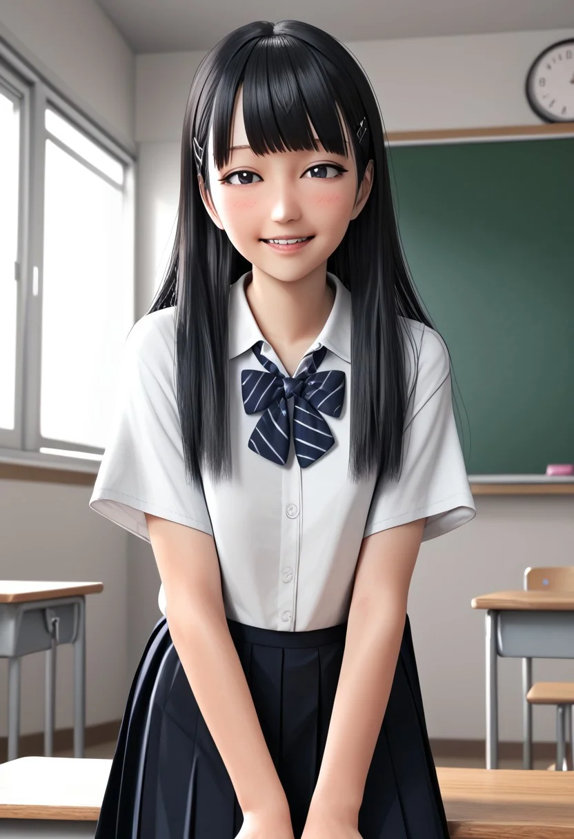 score_4,score_5,score_6,score_7_up,score_8_up,score_9 ((masterpiece,best quality,ultra detailed,highres,HD,4k:1.2)), 
1 girl,solo,face focus,
3D,3DCG,Realistic,
classroom,
blunt bangs,black hair,long hair,black eyes,
school uniform,shirt,skirt,
blush,smile,