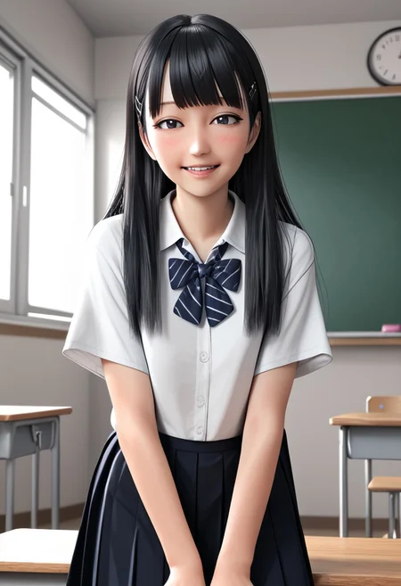 score_4,score_5,score_6,score_7_up,score_8_up,score_9 ((masterpiece,best quality,ultra detailed,highres,HD,4k:1.2)),
1 girl,solo,face focus,
3D,3DCG,Realistic,
classroom,
blunt bangs,black hair,long hair,black eyes,
school uniform,shirt,skirt,
blush,smile,