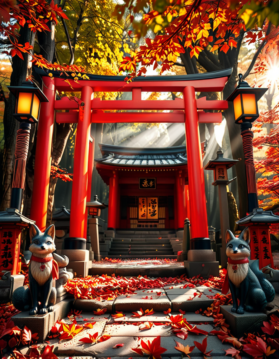 A breathtaking Inari shrine hidden within a serene Japanese forest during autumn. The scene is illuminated by the soft glow of traditional stone lanterns, casting warm golden light on the vibrant red torii gates that form a mesmerizing tunnel leading up the shrineâs stone steps. The ground is covered with delicate fallen maple leaves in shades of crimson, orange, and yellow. Kitsune (fox) statues with intricate details guard the entrance, wearing red bibs symbolizing their sacred role. The shrineâs wooden structure is adorned with ancient calligraphy and shimenawa ropes, exuding a mystical and spiritual atmosphere. Sunlight filters through the dense foliage, creating a tranquil interplay of light and shadow. The air feels crisp and filled with a sense of reverence and peace. The image is captured in a hyper-detailed, photorealistic style, with high dynamic range lighting enhancing the depth and richness of the colors.
<lora:SDXLFaeTastic2400:0.4> <lora:extremely_detailed:0.4> extremely detailed, <lora:Inari_shr1n3:1>,Inari shr1n3, Masterpiece,best quality,hi res,8k,hi res,8k,award winning,(sharp focus, intricate, highly detailed),