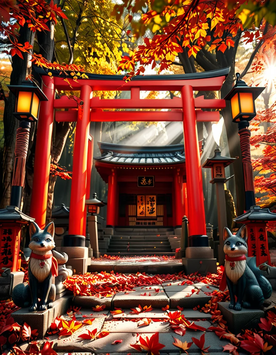 A breathtaking Inari shrine hidden within a serene Japanese forest during autumn. The scene is illuminated by the soft glow of traditional stone lanterns, casting warm golden light on the vibrant red torii gates that form a mesmerizing tunnel leading up the shrineâs stone steps. The ground is covered with delicate fallen maple leaves in shades of crimson, orange, and yellow. Kitsune (fox) statues with intricate details guard the entrance, wearing red bibs symbolizing their sacred role. The shrineâs wooden structure is adorned with ancient calligraphy and shimenawa ropes, exuding a mystical and spiritual atmosphere. Sunlight filters through the dense foliage, creating a tranquil interplay of light and shadow. The air feels crisp and filled with a sense of reverence and peace. The image is captured in a hyper-detailed, photorealistic style, with high dynamic range lighting enhancing the depth and richness of the colors.
<lora:SDXLFaeTastic2400:0.4> <lora:extremely_detailed:0.4> extremely detailed, <lora:Inari_shr1n3:1>,Inari shr1n3, Masterpiece,best quality,hi res,8k,hi res,8k,award winning,(sharp focus, intricate, highly detailed),